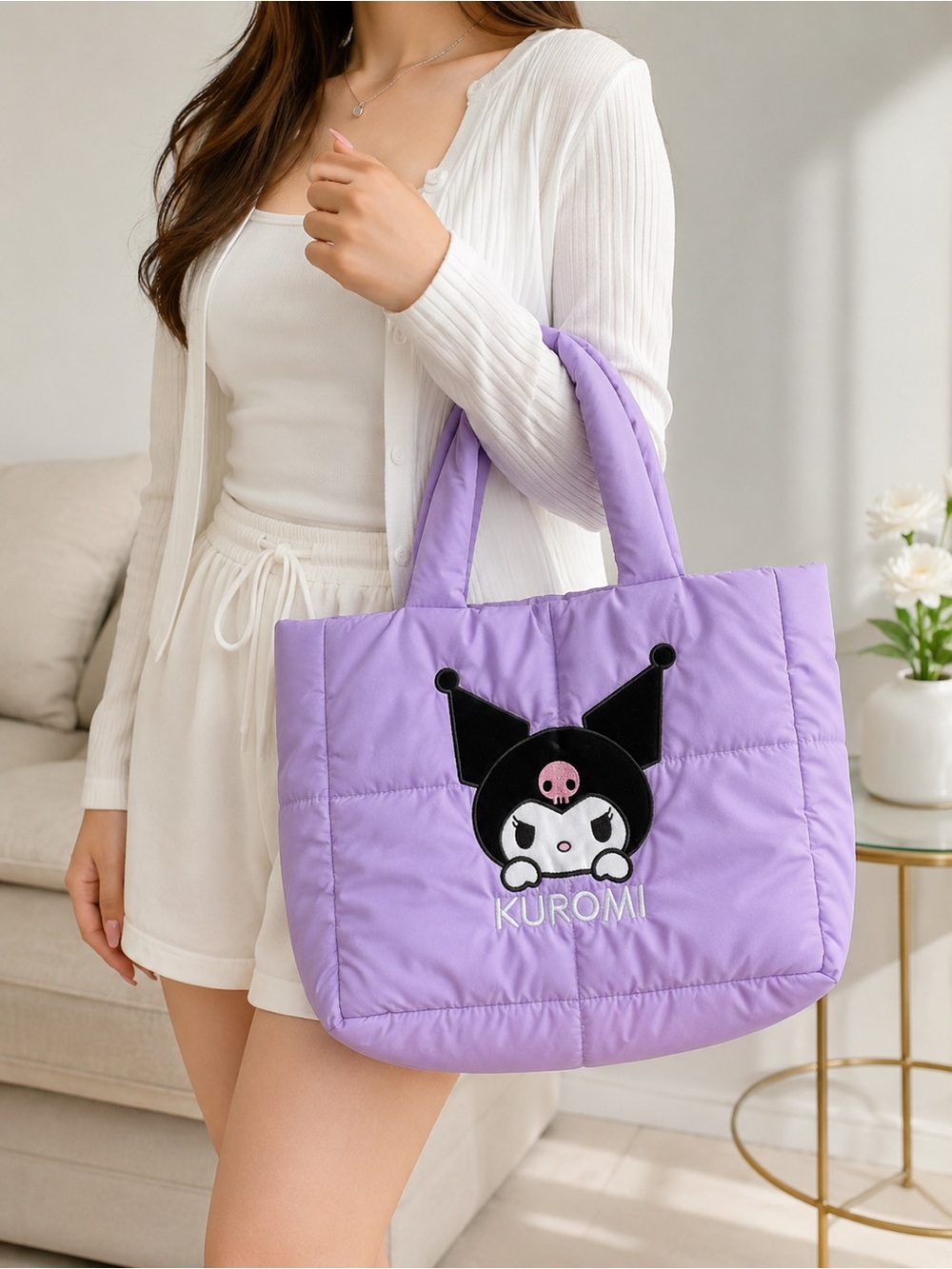 Kuromi Lavender Purple Quilted Puffy Tote Bag
